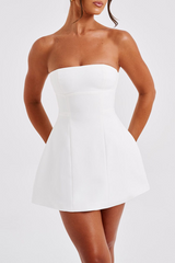 Boat Neck Solid Color A-Line Wide Hem Cocktail Party Mini Tank Dresses-White