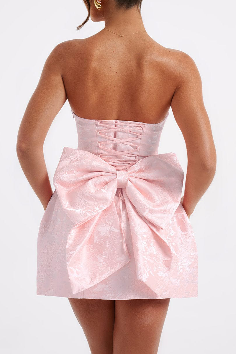 Jacquard Boat Neck A-Line Puffy Hem Back Bow Cocktail Party Mini Dresses-Pink