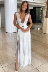 Deep V Neck Crossover Wrapped Fringed Hem Sleeveless Maxi Dresses-White