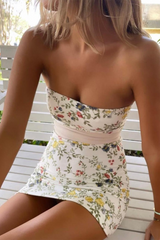 Ditsy Floral Print Back Tie Up Bow Slim Fit Mini Tube Dresses-White