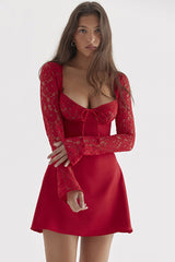 Lace Patchwork Tie Up Corset Long Sleeve A-Line Mini Dresses-Red