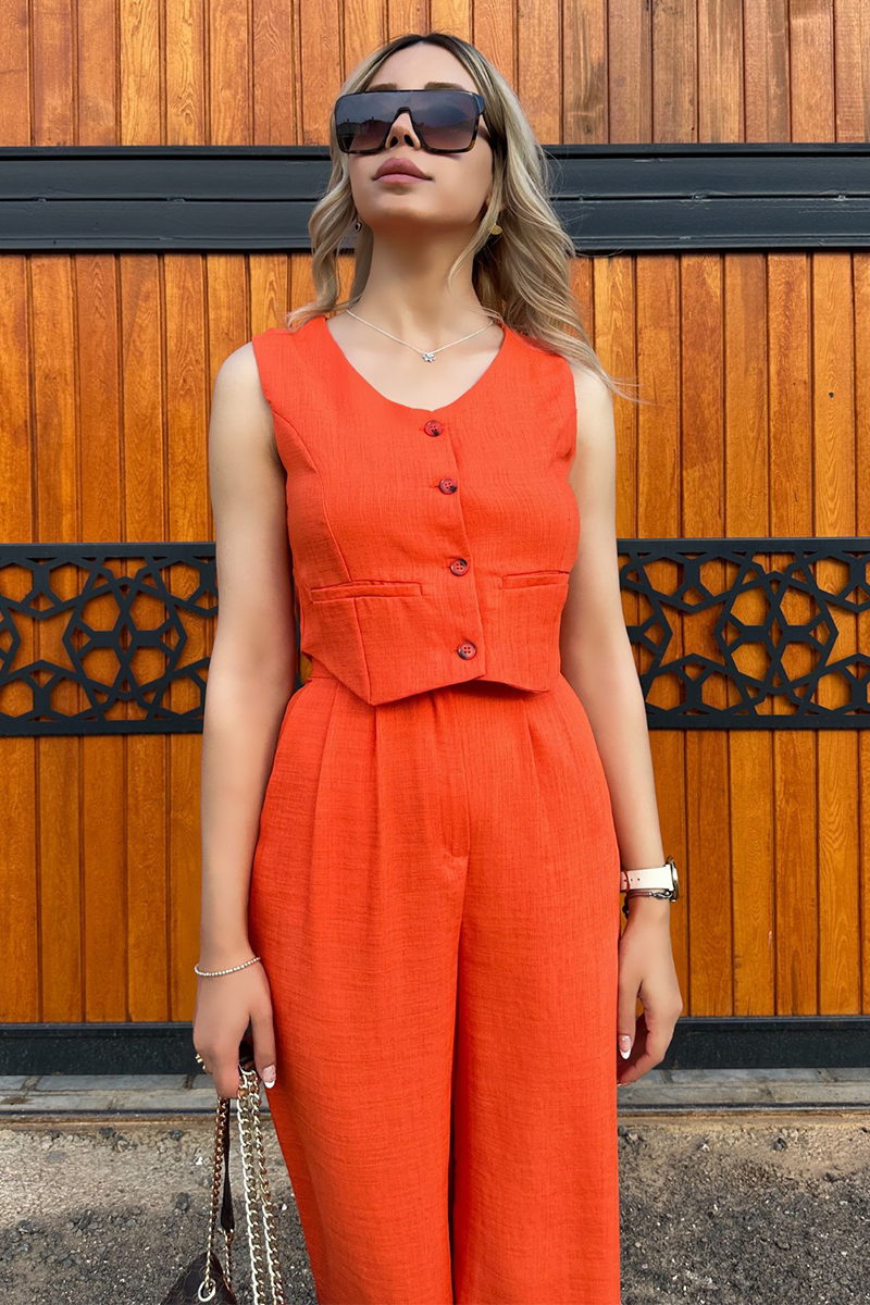 V Neck Button Up Vest Solid Color Pants Matching Set-Green