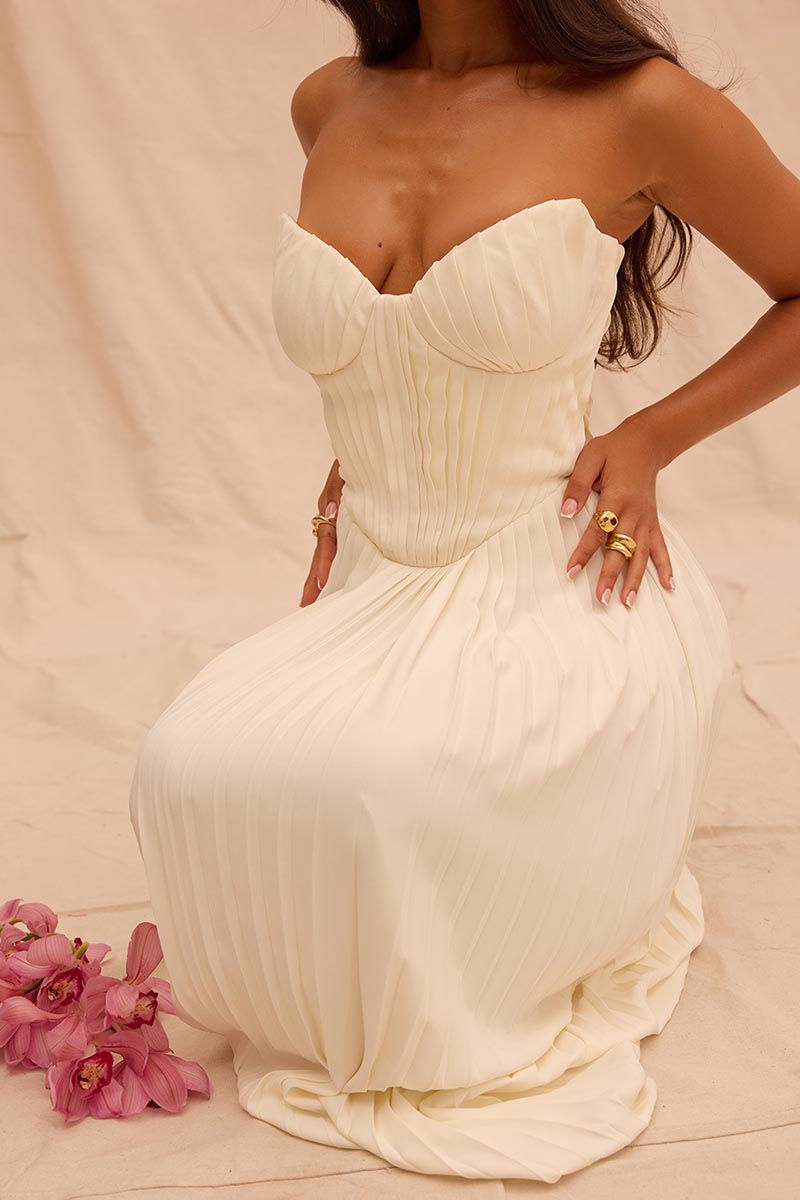 Strapless Corset Pleated Elegant Party Gown Midi Dresses-White
