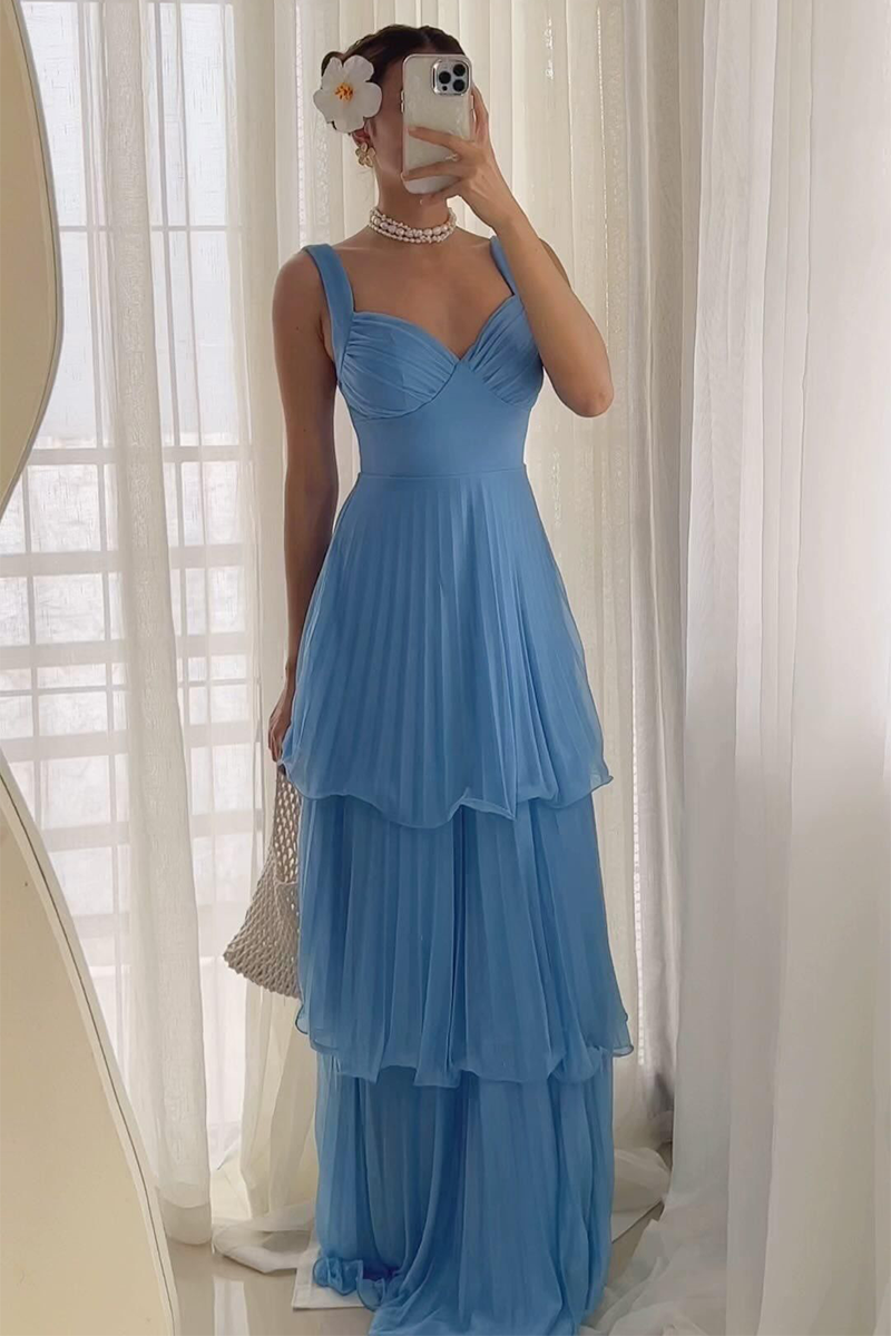 Deep V Neck Cinch Waist Pleated Layered Hem Gowns Maxi Slip Dresses-Blue