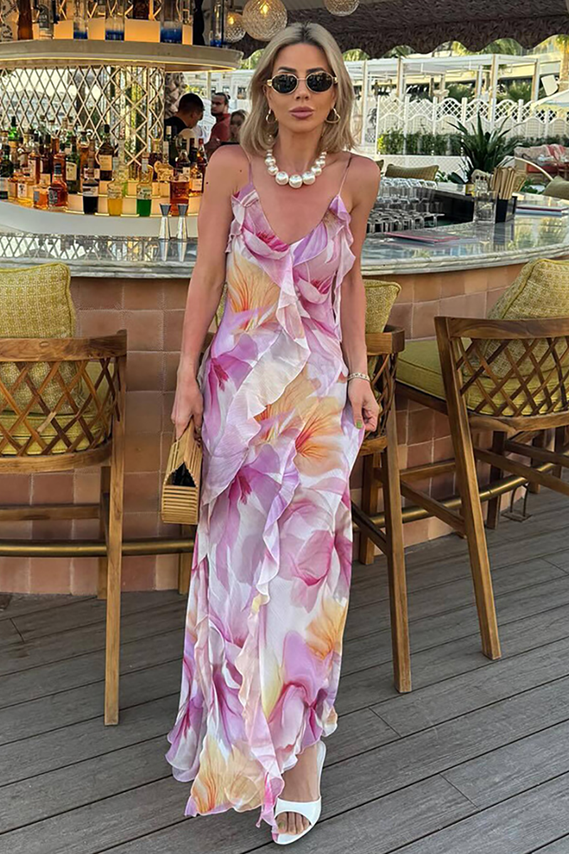 V Neck Floral Print Ruffled Maxi Strappy Dresses-Purple