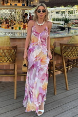 V Neck Floral Print Ruffled Maxi Strappy Dresses-Purple