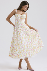 Ditsy Floral Print Sweetheart Neckline A-Line Lace Trim Slip Midi Dresses-White