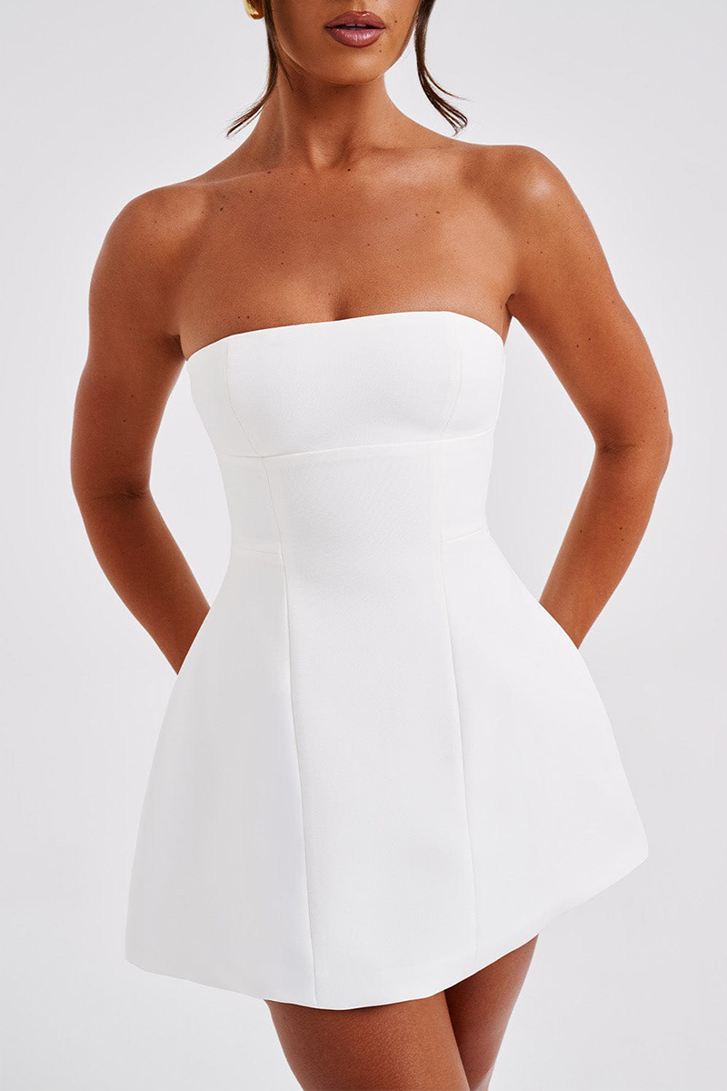 Boat Neck Solid Color A-Line Wide Hem Cocktail Party Mini Tank Dresses-White