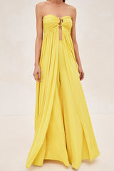 Strapless Front Slit Long Tunic Top Wide Leg Pants Plain Matching Set