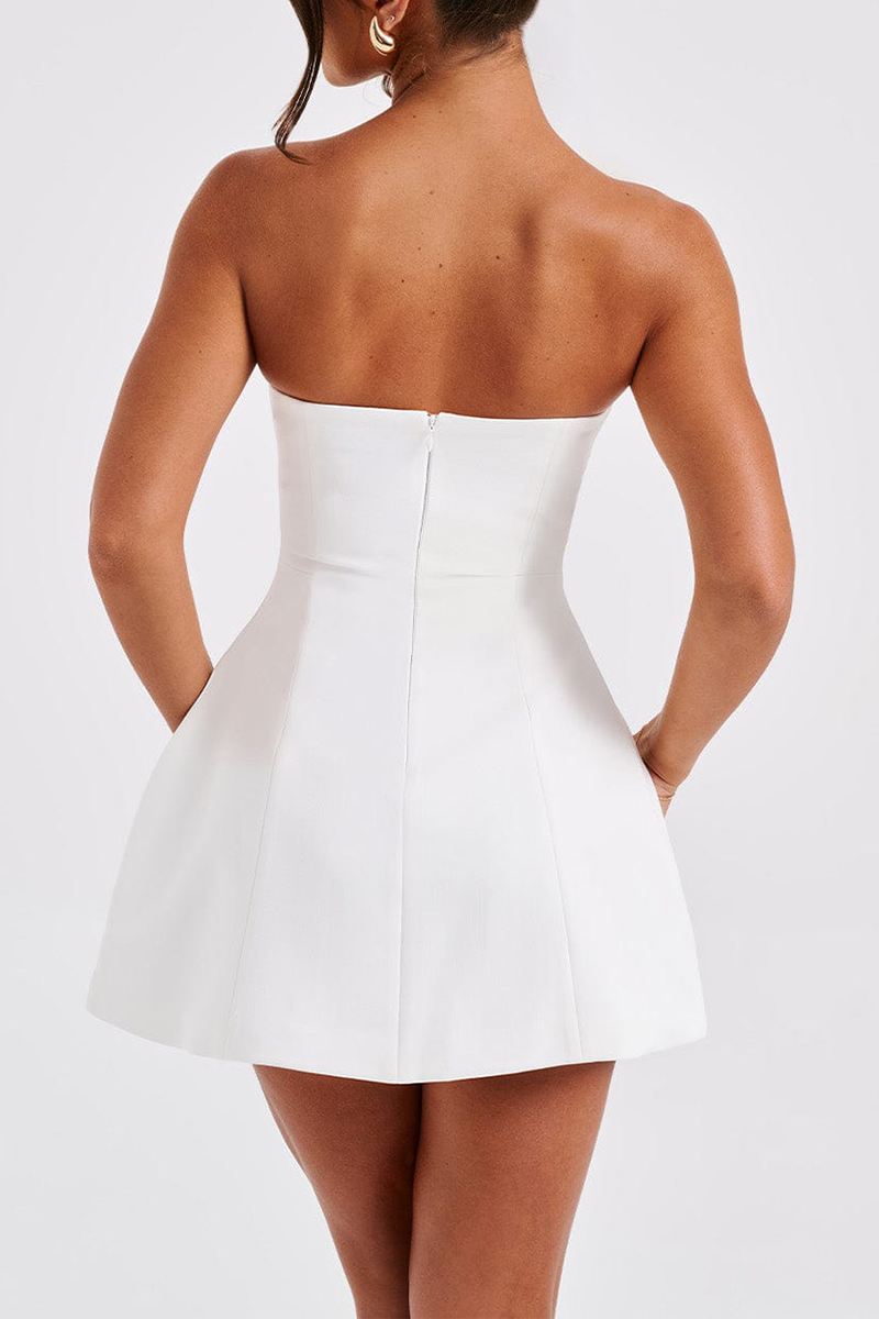 Boat Neck Solid Color A-Line Wide Hem Cocktail Party Mini Tank Dresses-White