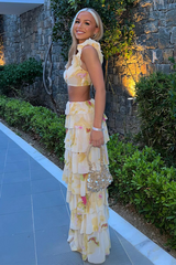 Ruffled Straps Crop Top Slit Tiered Maxi Skirt Matching Set-Beige Pre Order