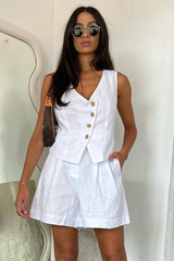 V Neck Button Up Vest Pocket Shorts Matching Set-White