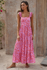 Wide Straps Square Neck Floral Print A-Line Flowy Maxi Dresses-Pink