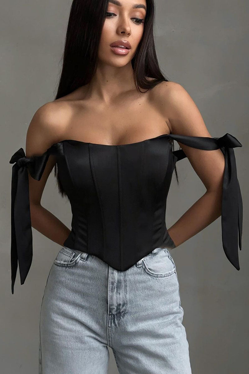 Off Shoulder Ribbon Decor Asymmetric Hem Party Plain Corset Top-Blue