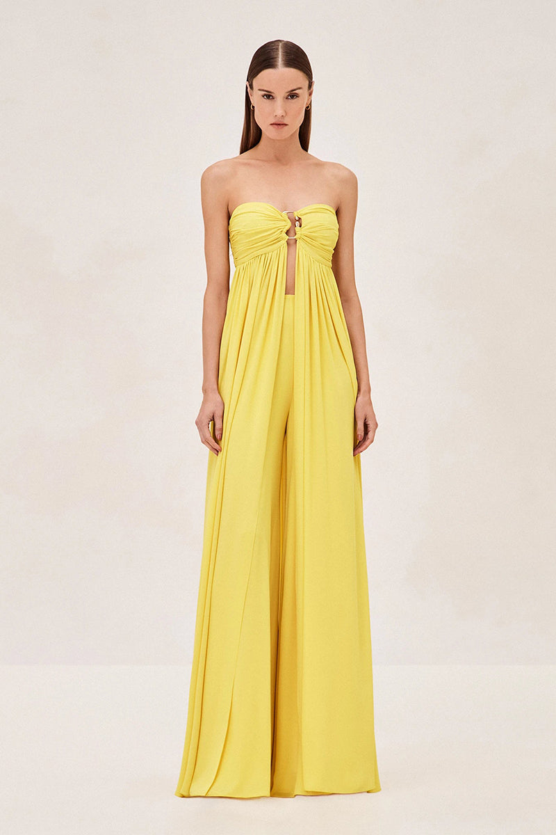 Strapless Front Slit Long Tunic Top Wide Leg Pants Plain Matching Set