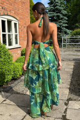 Leaf Print Halter Crop Top Layered Maxi Skirt 2pcs Set-Green