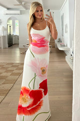 Floral Print U Neck Backless Vacation Slip Maxi Dresses-White