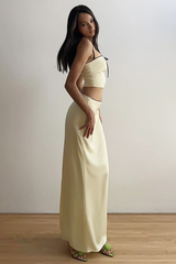 Bow Decor Crop Cami Slim Fit Fishtail Hem Maxi Skirt Matching Set-Beige