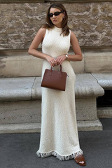 Knit Round Neck Slim Fit Fishtail Fringed Hemline Maxi Tank Dresses-White