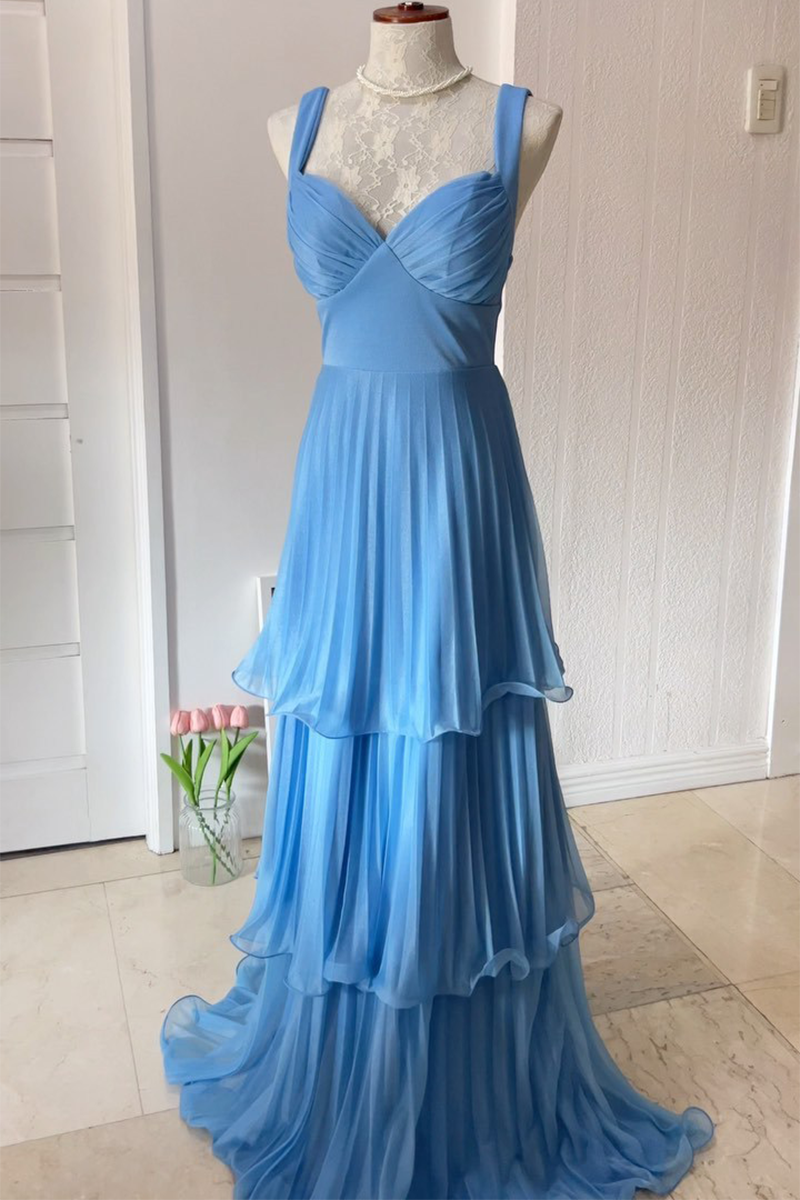 Deep V Neck Cinch Waist Pleated Layered Hem Gowns Maxi Slip Dresses-Blue