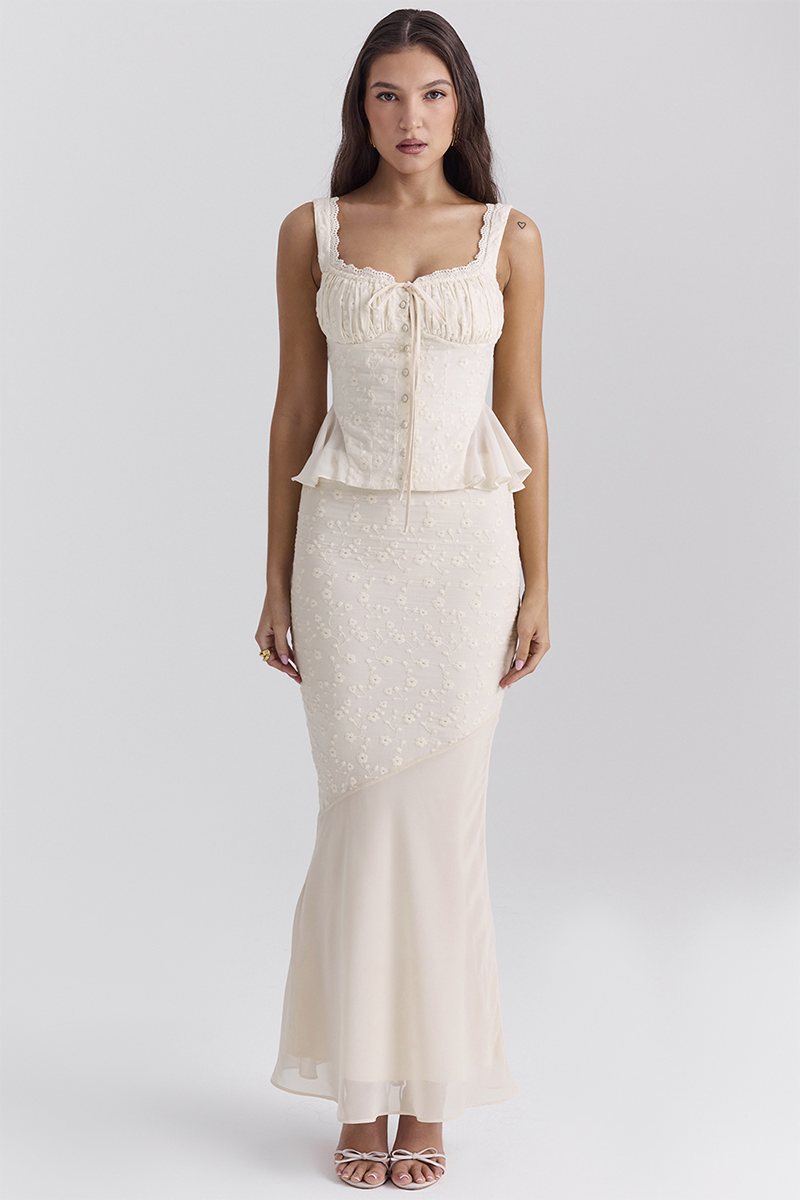 Floral Embroidery Ruffled Top Bodycon Maxi Skirt Matching Set-Ivory