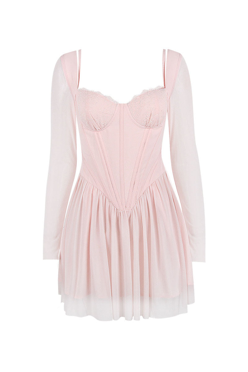 Mesh Long Sleeve Corset A-Line Pleated Ballet Style Mini Dresses