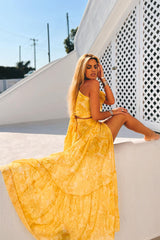Twisted Asymmetric Crop Top Slit Maxi Skirt Print 2pcs Set-Yellow Pre Order