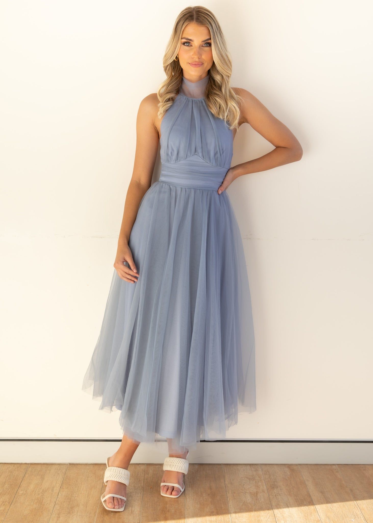 Tulle Halter Bow Backless Prom Maxi Dresses