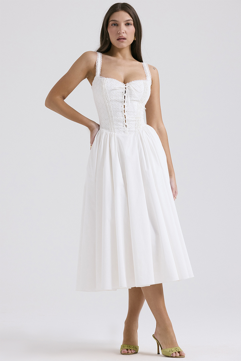 Lace Trim Front Lace Up Corset A-Line Slip Midi Dresses-White Pre Order
