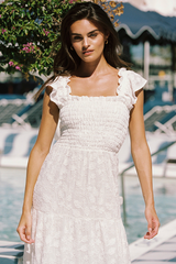 Ruffled Trim Square Neck Jacquard Tiered Maxi Dresses-White