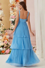Deep V Neck Cinch Waist Pleated Layered Hem Gowns Maxi Slip Dresses-Blue