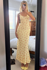 U Neck Ditsy Floral Print Slim Fit Fishtail Maxi Tank Dresses-Yellow