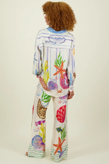 Starfish Seashells Print Long Sleeve Blouse Wide Leg Pants Matching Set-White