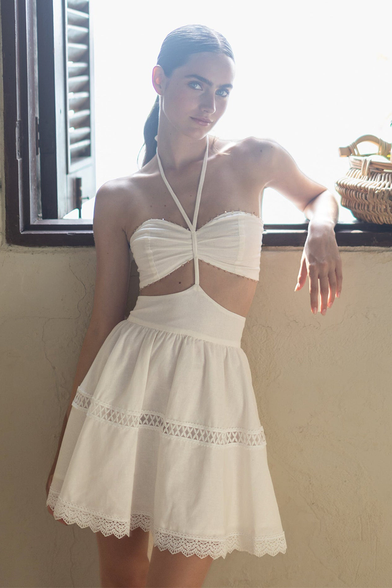 Halter Neck Ruched Cutout Lace Trim A-Line Mini Dresses-White Pre Order