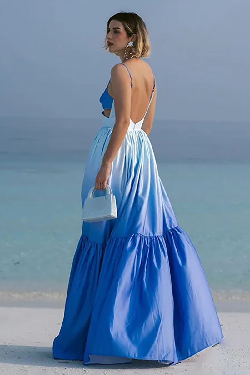 Gradient Color Cutout Open Back Shirred Maxi Strappy Dresses-Blue
