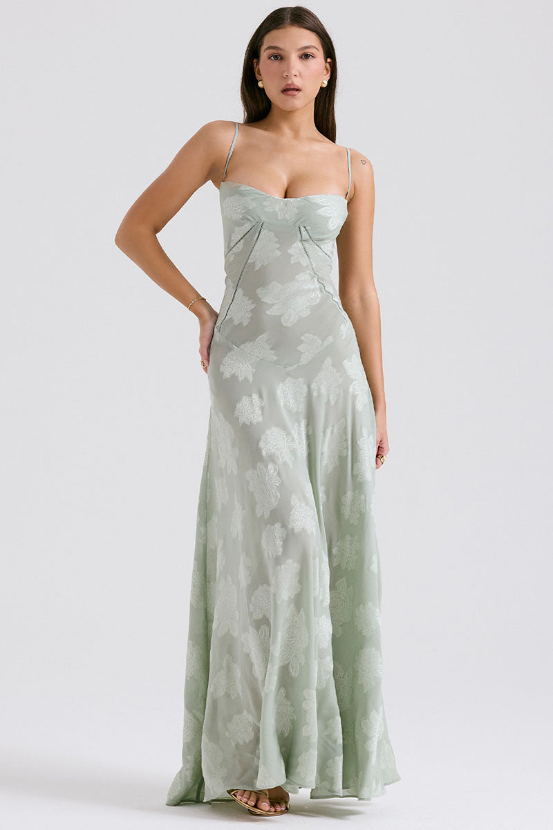 Elegant Floral Print Quilted Lace Up Back Formal Party Flowy Maxi Dresses-Green