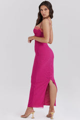 Mesh Patchwork Spaghetti Strap Slit Bodycon Maxi Dresses-Fuchsia Pre Order