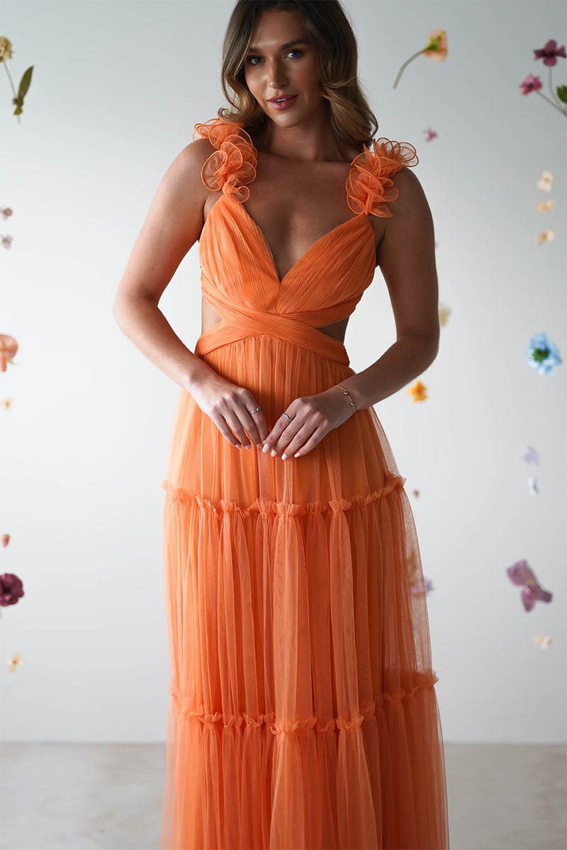 Petal Straps Deep V Neck Backless Tulle Gowns Maxi Dresses-Orange Pre Order