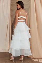 V Neck Cinch Waist Tulle Tiered Hem Backless Midi Slip Dresses-White