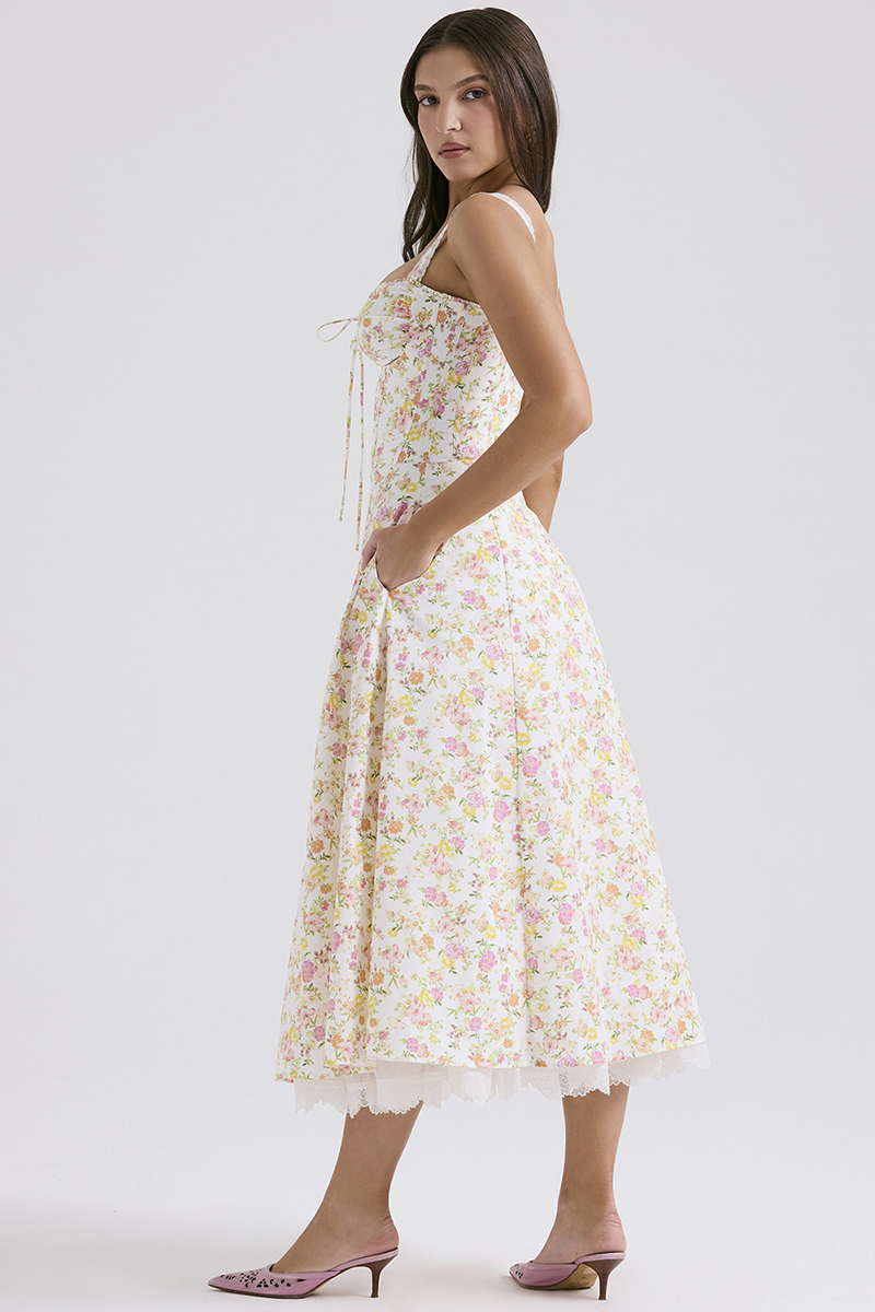 Ditsy Floral Print Sweetheart Neckline A-Line Lace Trim Slip Midi Dresses-White