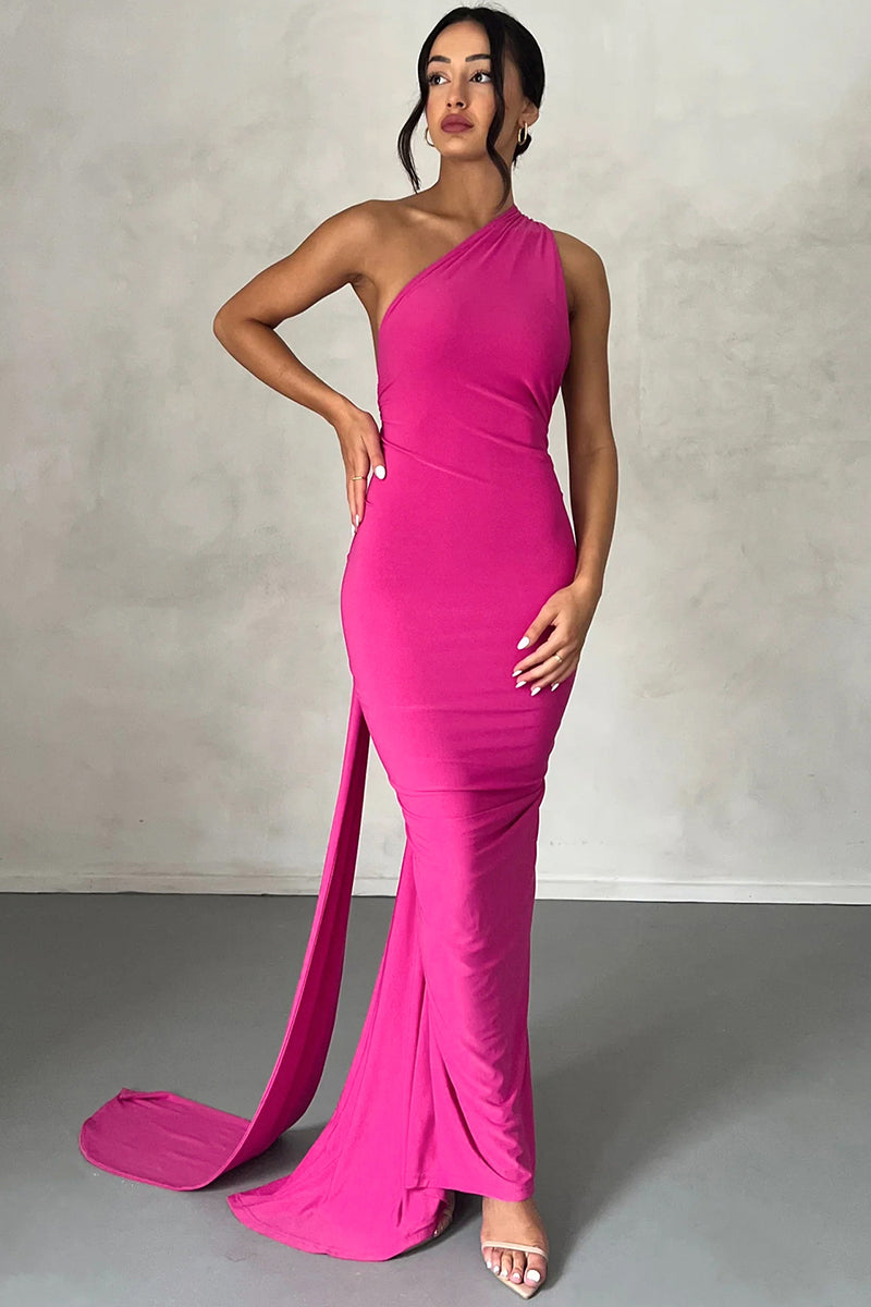 One Shoulder Sleeveless Sash Ring Decor Ruched Backless Elegant Evening Gown White Maxi Dresses