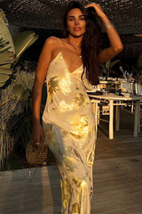 Bronzing Pattern Deep V Neck Backless Maxi Strappy Dresses-Gold