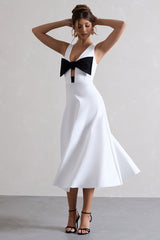 Plunge Neck Bowknot Decor Sleeveless Midi Dresses-White