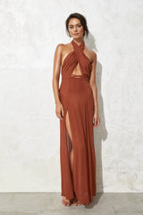 Cross Halter Sleeveless Slit Maxi Dresses