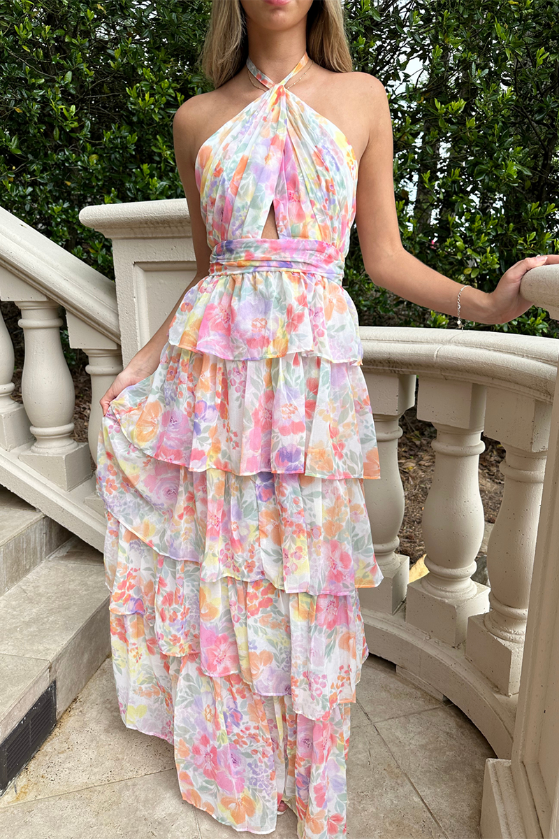 Halter Floral Print Ruffle Tiered Vacation Maxi Dresses-Pink