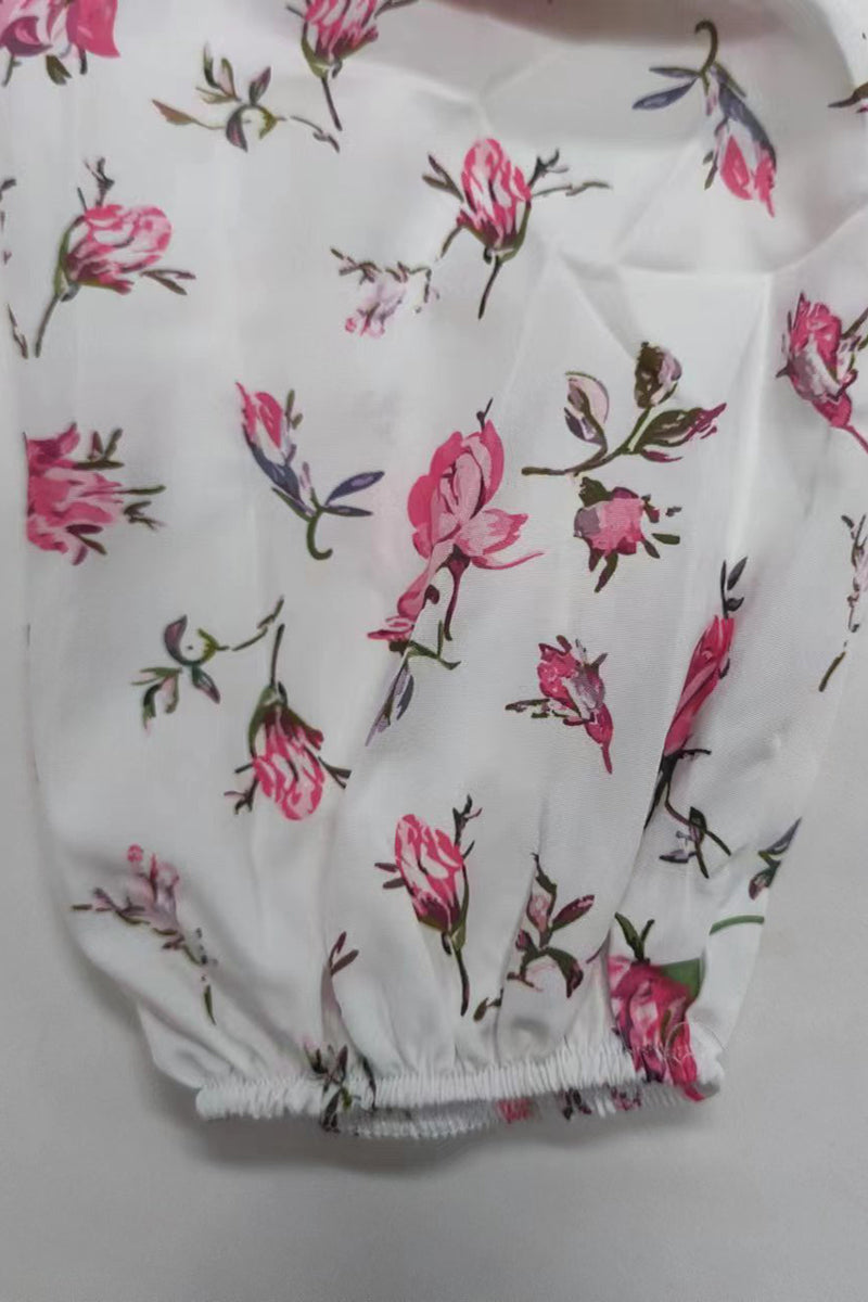 Lace Deep V Neck Long Puffy Sleeve Flowy A-Line Tiered Pleated Floral Print Vacation Mini Dresses