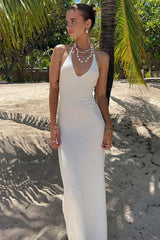 V Neck Halter Backless Elegant Beach Party Vacation Knit Maxi Dresses-White