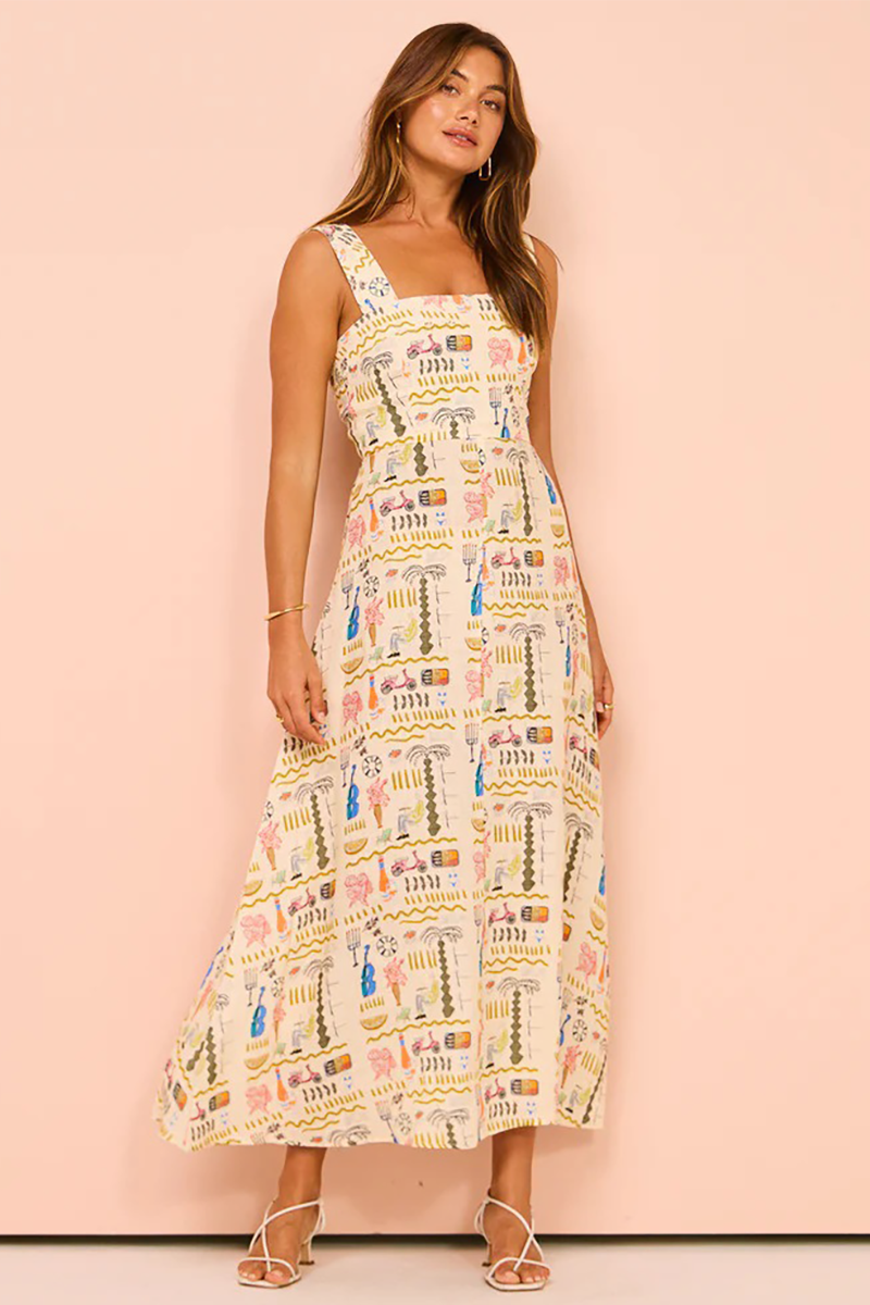 Wide Straps Mixed Prints A-Line Flowy Midi Dresses-Beige