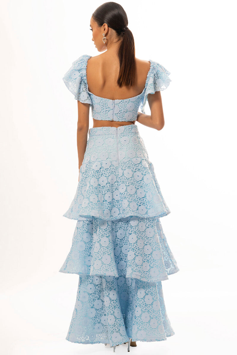 Flutter Sleeve Crop Top Layered Maxi Skirt Lace Matching Set-Blue Pre Order