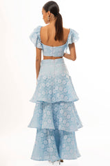 Flutter Sleeve Crop Top Layered Maxi Skirt Lace Matching Set-Blue Pre Order